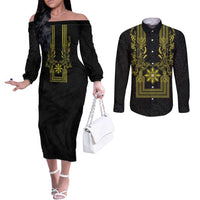 Philippines Barong Style Couples Matching Off The Shoulder Long Sleeve Dress and Long Sleeve Button Shirt with Polynesian Art and Leaf Motif Black-Gold Color LT03 Black - Polynesian Pride