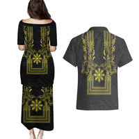 Philippines Barong Style Couples Matching Puletasi and Hawaiian Shirt with Polynesian Art and Leaf Motif Black-Gold Color LT03 - Polynesian Pride
