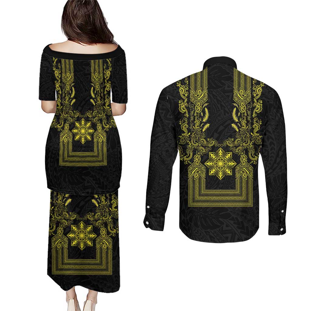 Philippines Barong Style Couples Matching Puletasi and Long Sleeve Button Shirt with Polynesian Art and Leaf Motif Black-Gold Color LT03 - Polynesian Pride