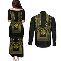 Philippines Barong Style Couples Matching Puletasi and Long Sleeve Button Shirt with Polynesian Art and Leaf Motif Black-Gold Color LT03 - Polynesian Pride