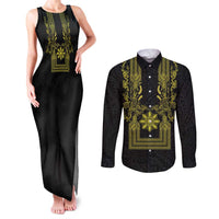 Philippines Barong Style Couples Matching Tank Maxi Dress and Long Sleeve Button Shirt with Polynesian Art and Leaf Motif Black-Gold Color LT03 Black - Polynesian Pride