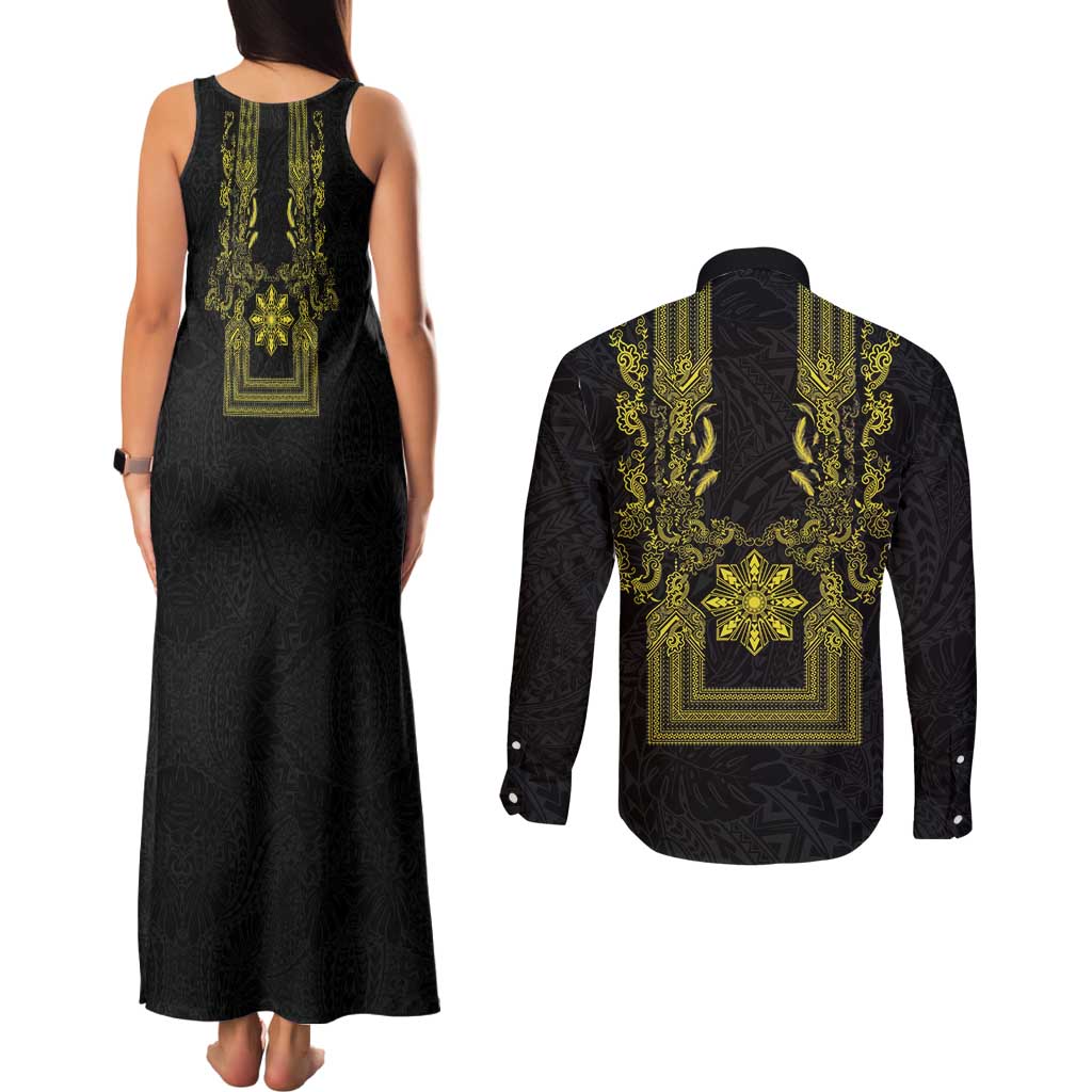 Philippines Barong Style Couples Matching Tank Maxi Dress and Long Sleeve Button Shirt with Polynesian Art and Leaf Motif Black-Gold Color LT03 - Polynesian Pride