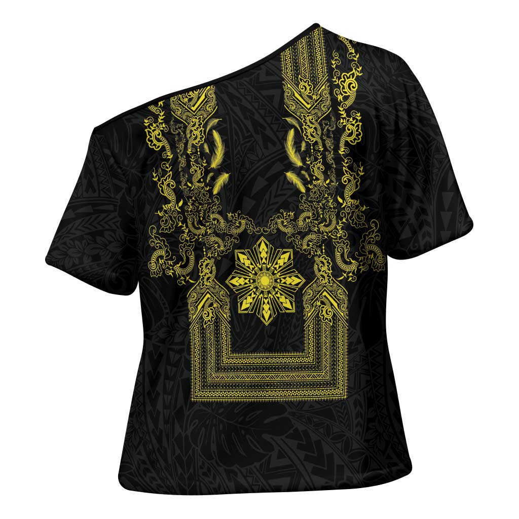 Philippines Barong Style Cross Shoulder Shirt with Polynesian Art and Leaf Motif Black-Gold Color