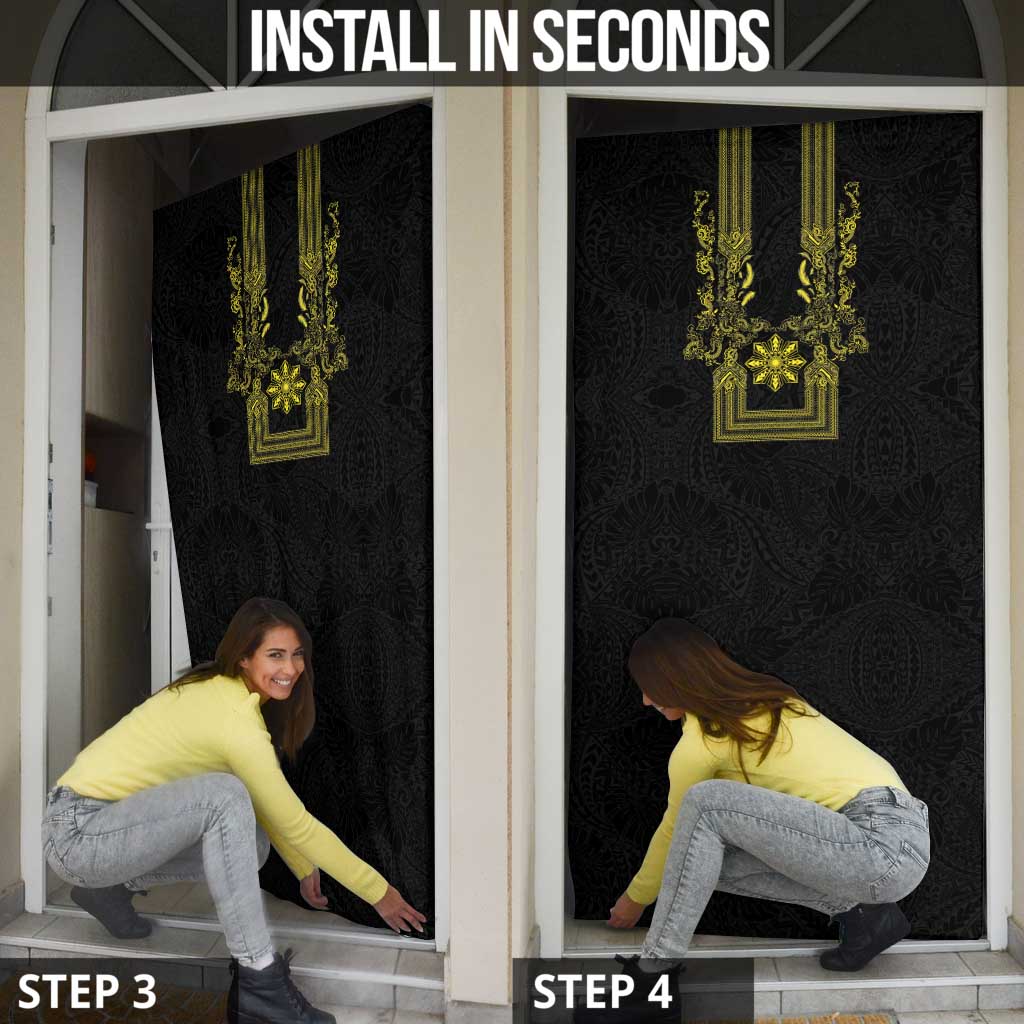Philippines Barong Style Door Cover with Polynesian Art and Leaf Motif Black-Gold Color