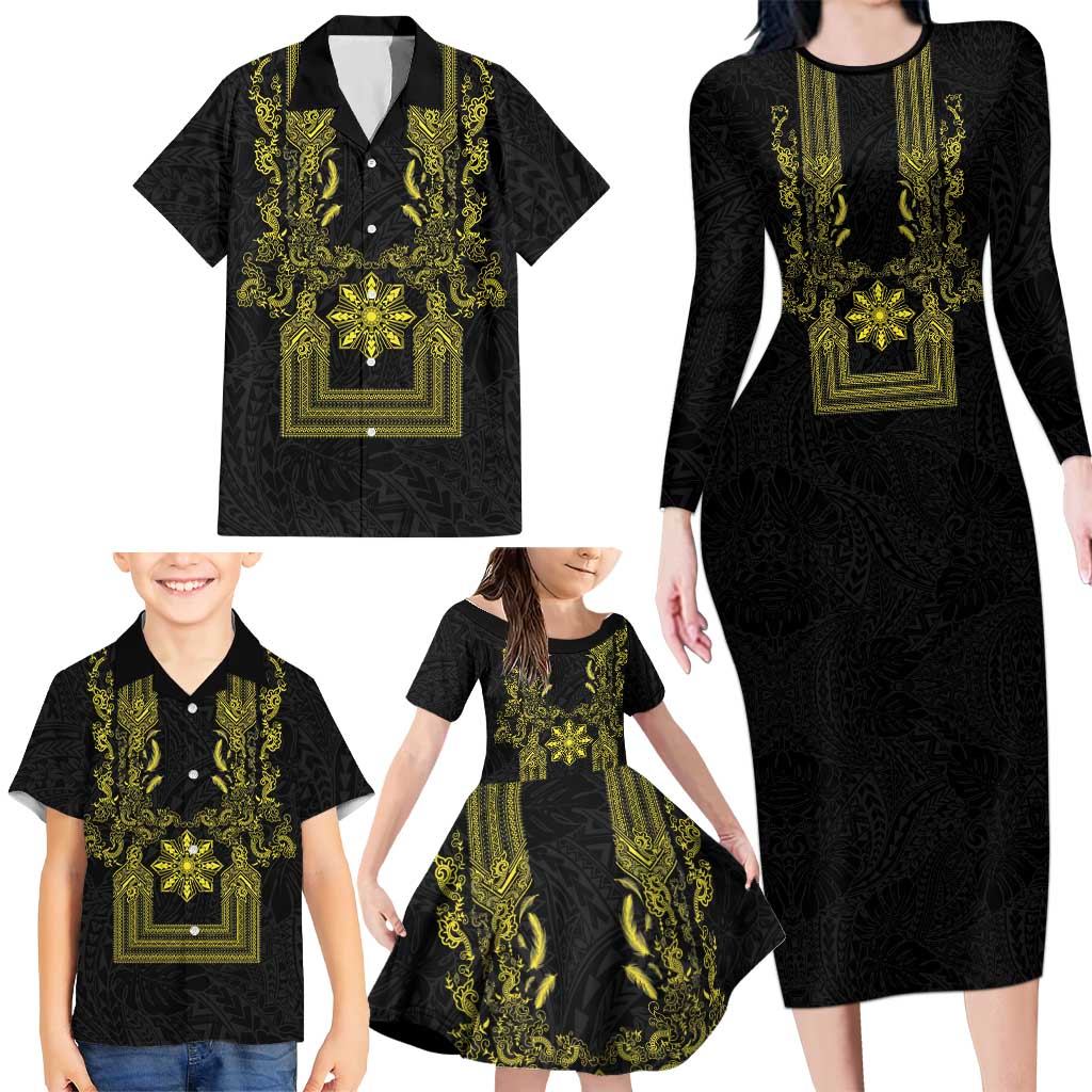 Philippines Barong Style Family Matching Long Sleeve Bodycon Dress and Hawaiian Shirt with Polynesian Art and Leaf Motif Black-Gold Color