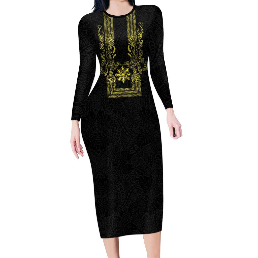 Philippines Barong Style Family Matching Long Sleeve Bodycon Dress and Hawaiian Shirt with Polynesian Art and Leaf Motif Black-Gold Color LT03 Mom's Dress Black - Polynesian Pride