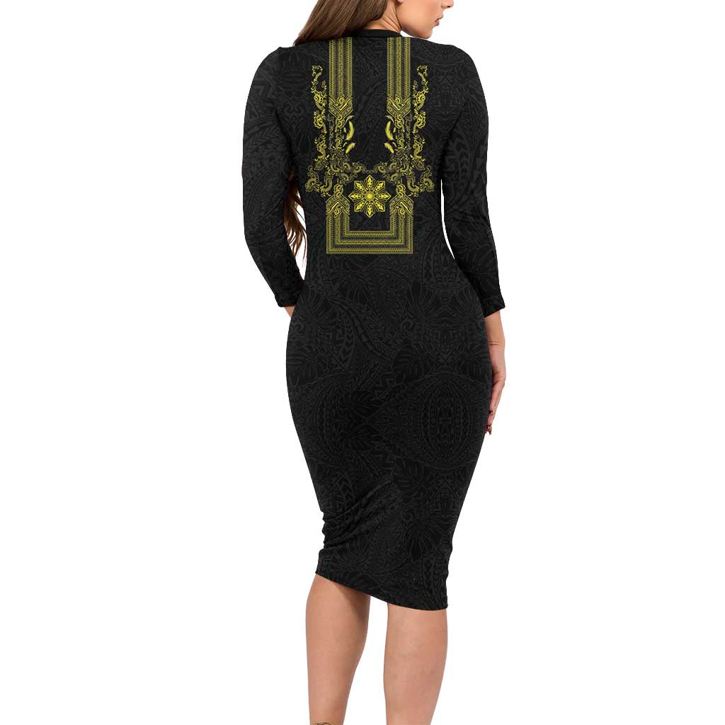 Philippines Barong Style Family Matching Long Sleeve Bodycon Dress and Hawaiian Shirt with Polynesian Art and Leaf Motif Black-Gold Color LT03 - Polynesian Pride
