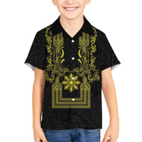 Philippines Barong Style Family Matching Long Sleeve Bodycon Dress and Hawaiian Shirt with Polynesian Art and Leaf Motif Black-Gold Color LT03 Son's Shirt Black - Polynesian Pride
