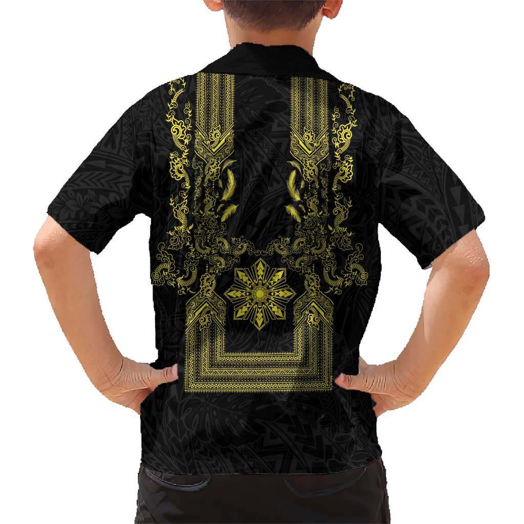 Philippines Barong Style Family Matching Mermaid Dress and Hawaiian Shirt with Polynesian Art and Leaf Motif Black-Gold Color LT03 - Polynesian Pride