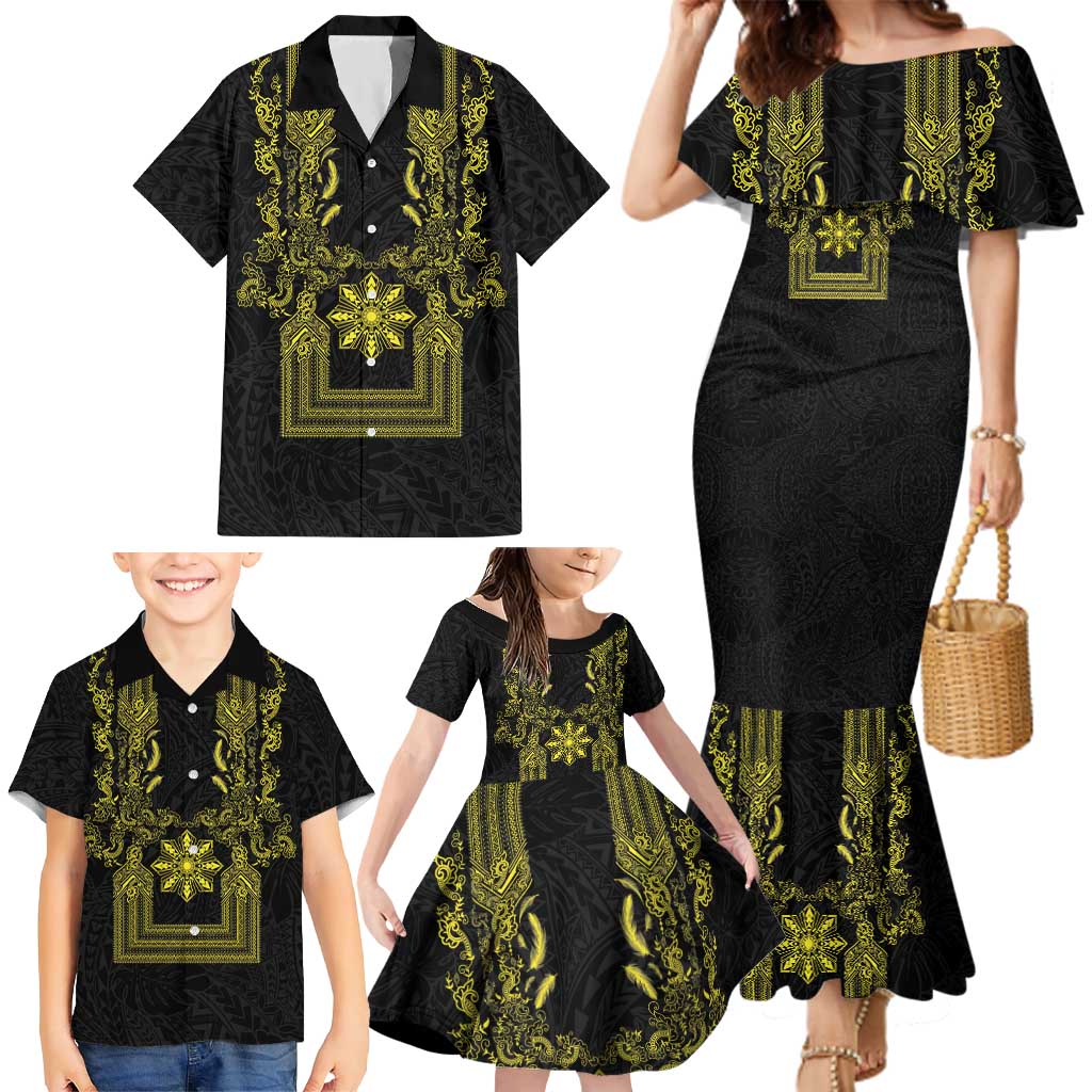 Philippines Barong Style Family Matching Mermaid Dress and Hawaiian Shirt with Polynesian Art and Leaf Motif Black-Gold Color LT03 - Polynesian Pride