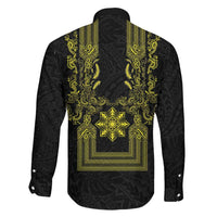 Philippines Barong Style Family Matching Mermaid Dress and Hawaiian Shirt with Polynesian Art and Leaf Motif Black-Gold Color LT03 - Polynesian Pride