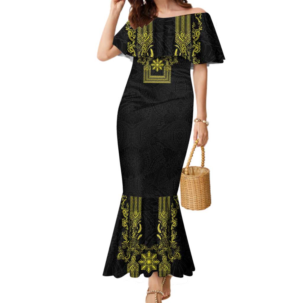 Philippines Barong Style Family Matching Mermaid Dress and Hawaiian Shirt with Polynesian Art and Leaf Motif Black-Gold Color LT03 Mom's Dress Black - Polynesian Pride