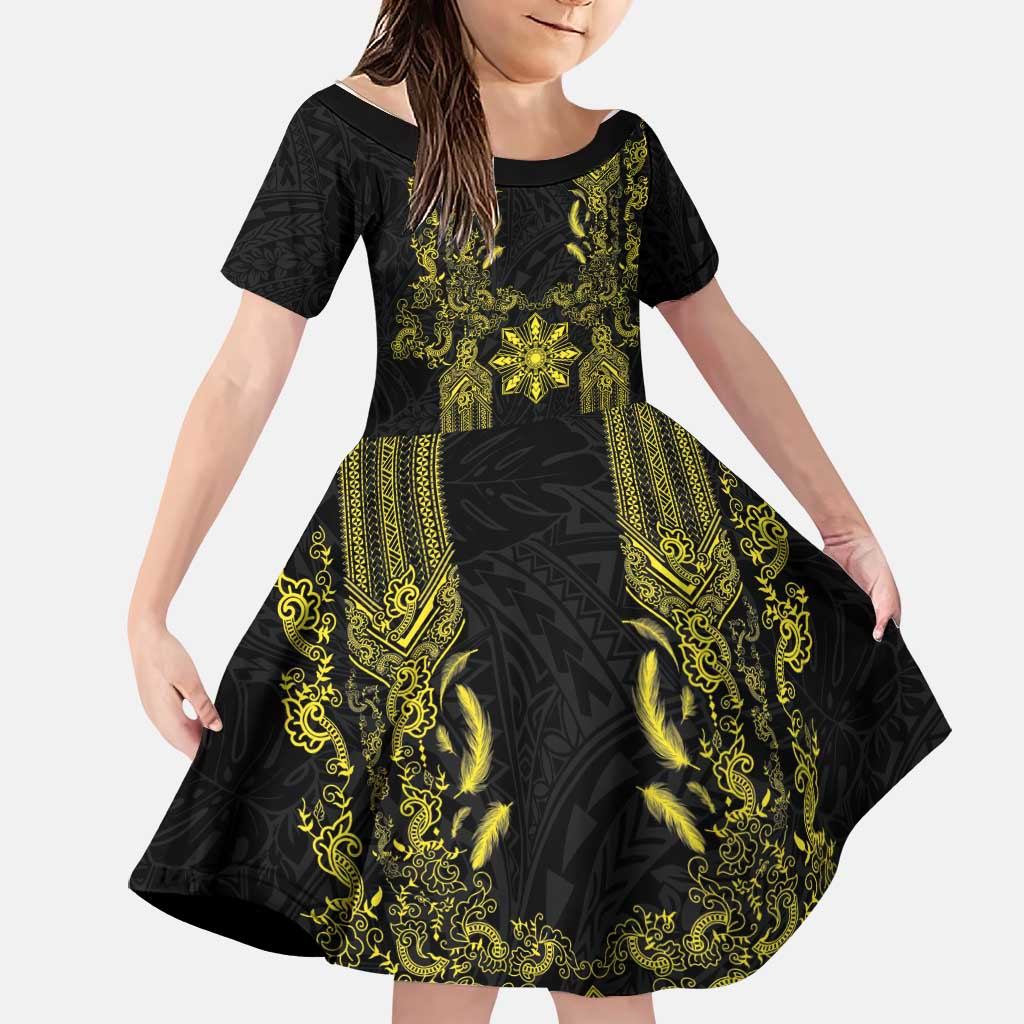 Philippines Barong Style Family Matching Off The Shoulder Long Sleeve Dress and Hawaiian Shirt with Polynesian Art and Leaf Motif Black-Gold Color LT03 Daughter's Dress Black - Polynesian Pride