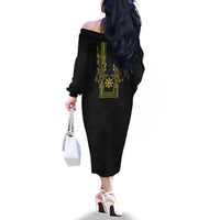 Philippines Barong Style Family Matching Off The Shoulder Long Sleeve Dress and Hawaiian Shirt with Polynesian Art and Leaf Motif Black-Gold Color LT03 - Polynesian Pride