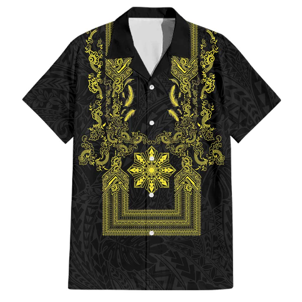 Philippines Barong Style Family Matching Off Shoulder Maxi Dress and Hawaiian Shirt with Polynesian Art and Leaf Motif Black-Gold Color LT03 Dad's Shirt - Short Sleeve Black - Polynesian Pride