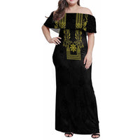 Philippines Barong Style Family Matching Off Shoulder Maxi Dress and Hawaiian Shirt with Polynesian Art and Leaf Motif Black-Gold Color LT03 Mom's Dress Black - Polynesian Pride