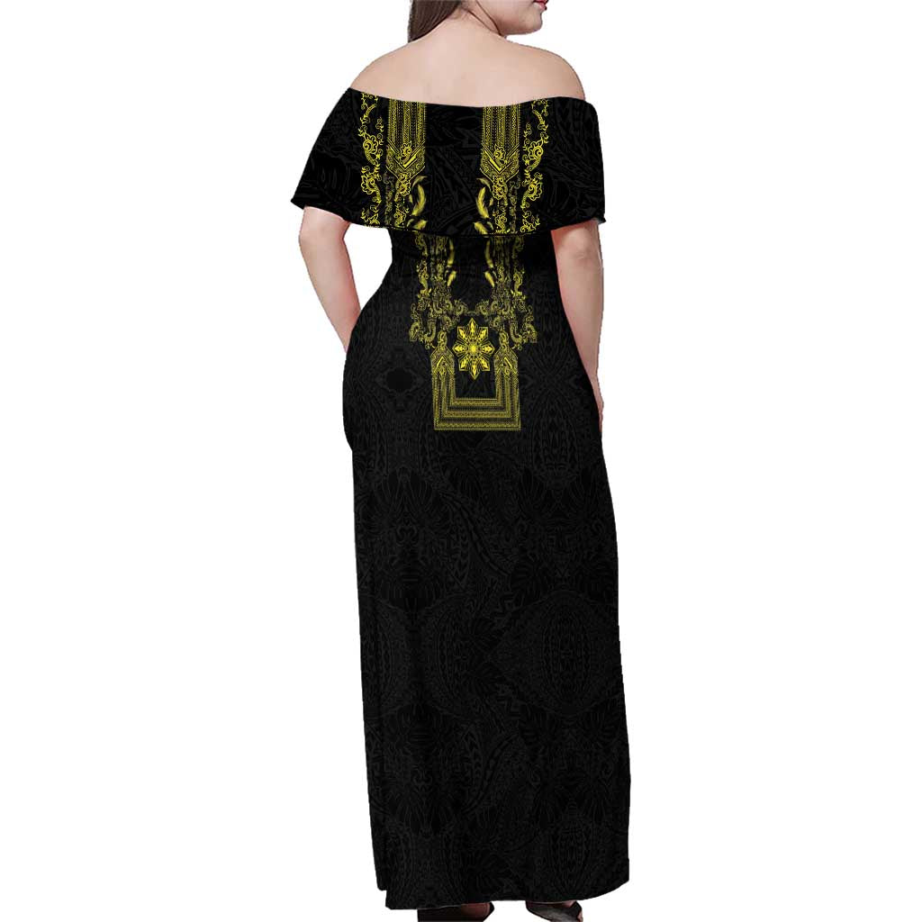 Philippines Barong Style Family Matching Off Shoulder Maxi Dress and Hawaiian Shirt with Polynesian Art and Leaf Motif Black-Gold Color LT03 - Polynesian Pride