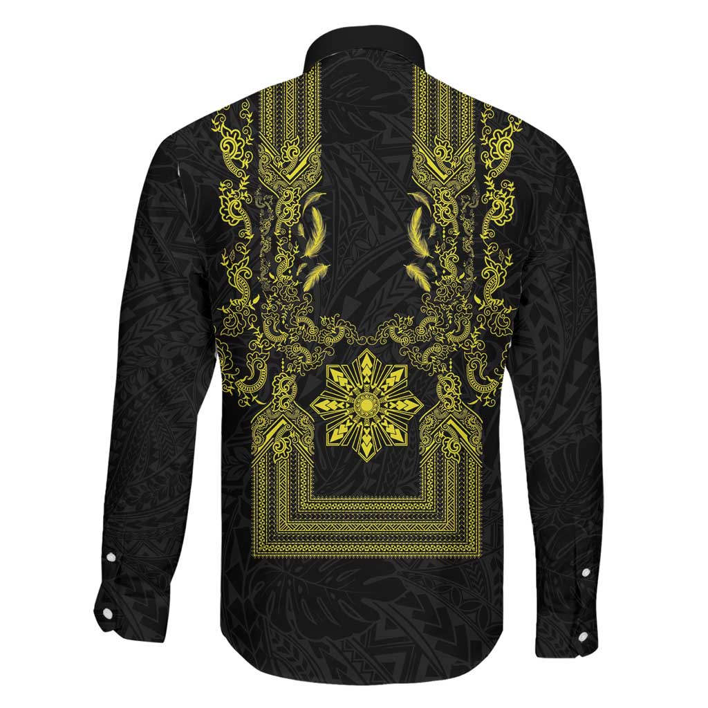 Philippines Barong Style Family Matching Off Shoulder Short Dress and Hawaiian Shirt with Polynesian Art and Leaf Motif Black-Gold Color LT03 - Polynesian Pride