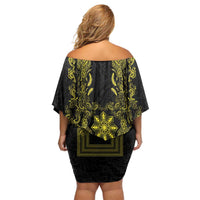 Philippines Barong Style Family Matching Off Shoulder Short Dress and Hawaiian Shirt with Polynesian Art and Leaf Motif Black-Gold Color LT03 - Polynesian Pride