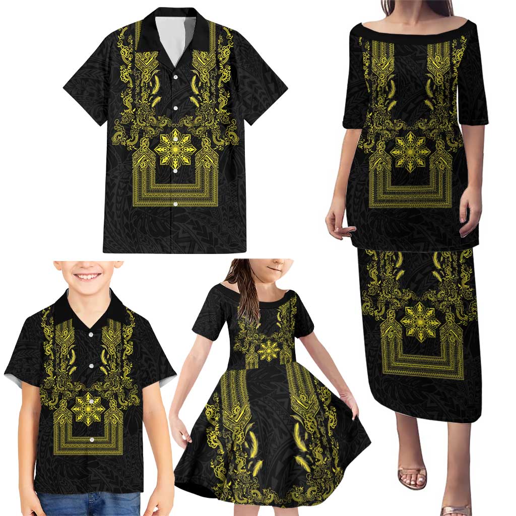 Philippines Barong Style Family Matching Puletasi and Hawaiian Shirt with Polynesian Art and Leaf Motif Black-Gold Color LT03 - Polynesian Pride