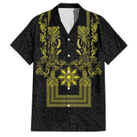 Philippines Barong Style Family Matching Puletasi and Hawaiian Shirt with Polynesian Art and Leaf Motif Black-Gold Color LT03 Dad's Shirt - Short Sleeve Black - Polynesian Pride