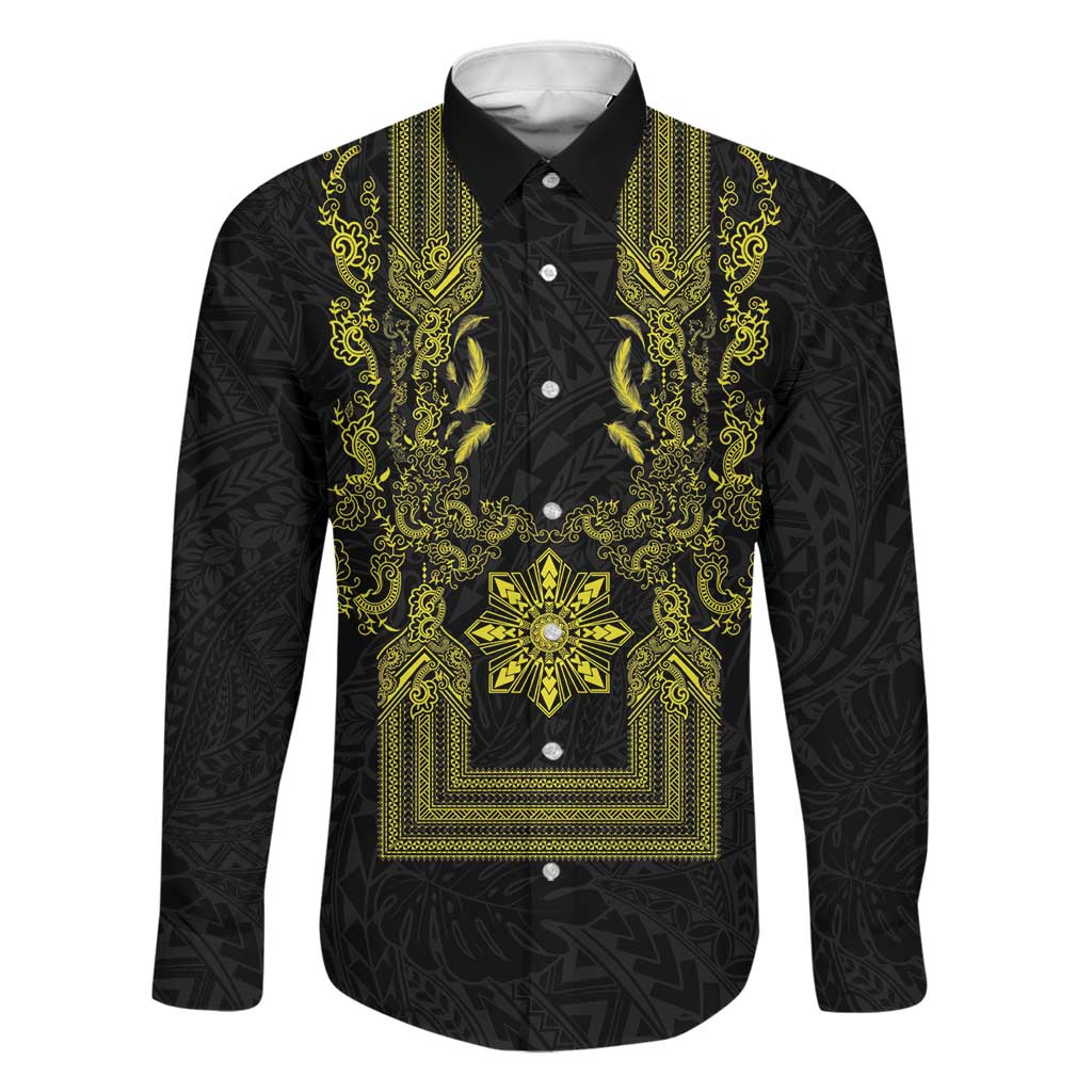 Philippines Barong Style Family Matching Puletasi and Hawaiian Shirt with Polynesian Art and Leaf Motif Black-Gold Color LT03 Dad's Shirt - Long Sleeve Black - Polynesian Pride