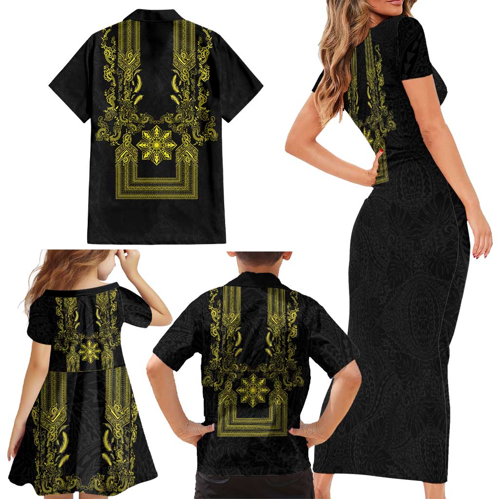 Philippines Barong Style Family Matching Short Sleeve Bodycon Dress and Hawaiian Shirt with Polynesian Art and Leaf Motif Black-Gold Color LT03 - Polynesian Pride
