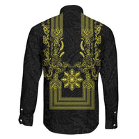 Philippines Barong Style Family Matching Short Sleeve Bodycon Dress and Hawaiian Shirt with Polynesian Art and Leaf Motif Black-Gold Color LT03 - Polynesian Pride