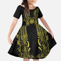 Philippines Barong Style Family Matching Summer Maxi Dress and Hawaiian Shirt with Polynesian Art and Leaf Motif Black-Gold Color LT03 Daughter's Dress Black - Polynesian Pride