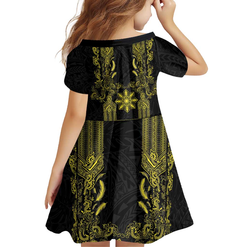 Philippines Barong Style Family Matching Summer Maxi Dress and Hawaiian Shirt with Polynesian Art and Leaf Motif Black-Gold Color LT03 - Polynesian Pride