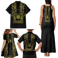 Philippines Barong Style Family Matching Tank Maxi Dress and Hawaiian Shirt with Polynesian Art and Leaf Motif Black-Gold Color LT03 - Polynesian Pride