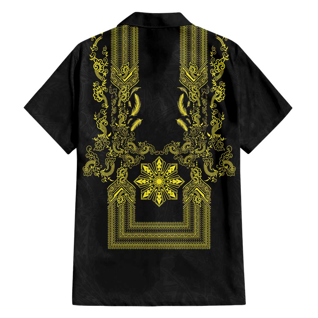Philippines Barong Style Family Matching Tank Maxi Dress and Hawaiian Shirt with Polynesian Art and Leaf Motif Black-Gold Color LT03 - Polynesian Pride