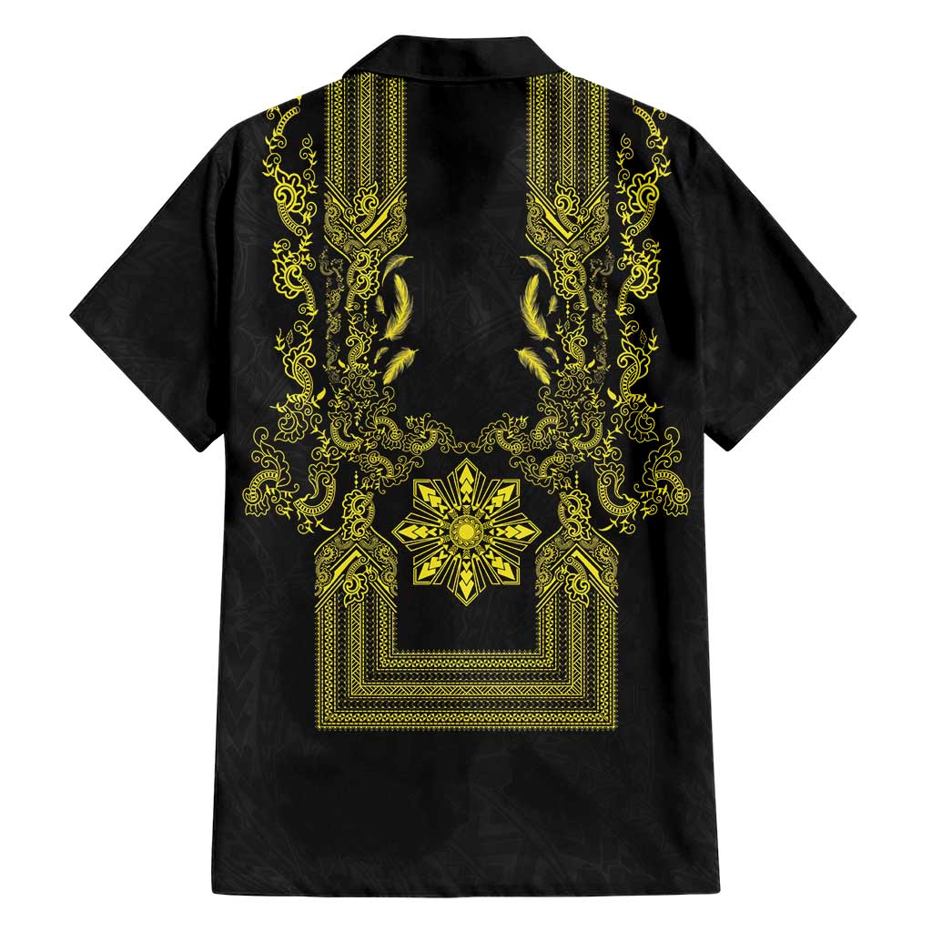 Philippines Barong Style Hawaiian Shirt with Polynesian Art and Leaf Motif Black-Gold Color