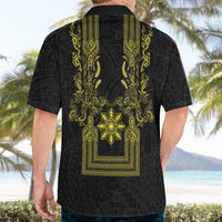 Philippines Barong Style Hawaiian Shirt with Polynesian Art and Leaf Motif Black-Gold Color