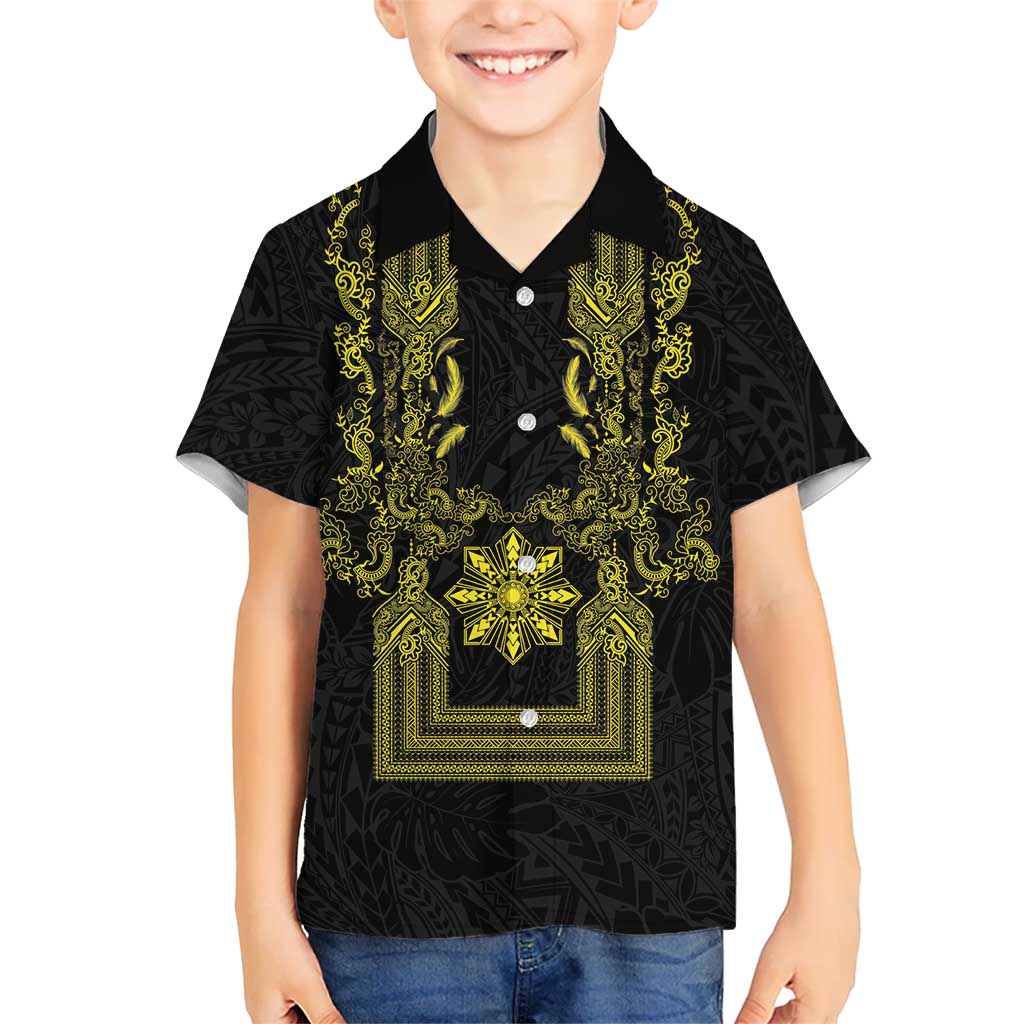 Philippines Barong Style Hawaiian Shirt with Polynesian Art and Leaf Motif Black-Gold Color