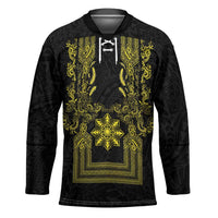 Philippines Barong Style Hockey Jersey with Polynesian Art and Leaf Motif Black-Gold Color