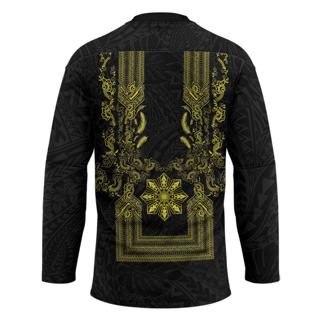 Philippines Barong Style Hockey Jersey with Polynesian Art and Leaf Motif Black-Gold Color