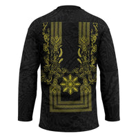 Philippines Barong Style Hockey Jersey with Polynesian Art and Leaf Motif Black-Gold Color
