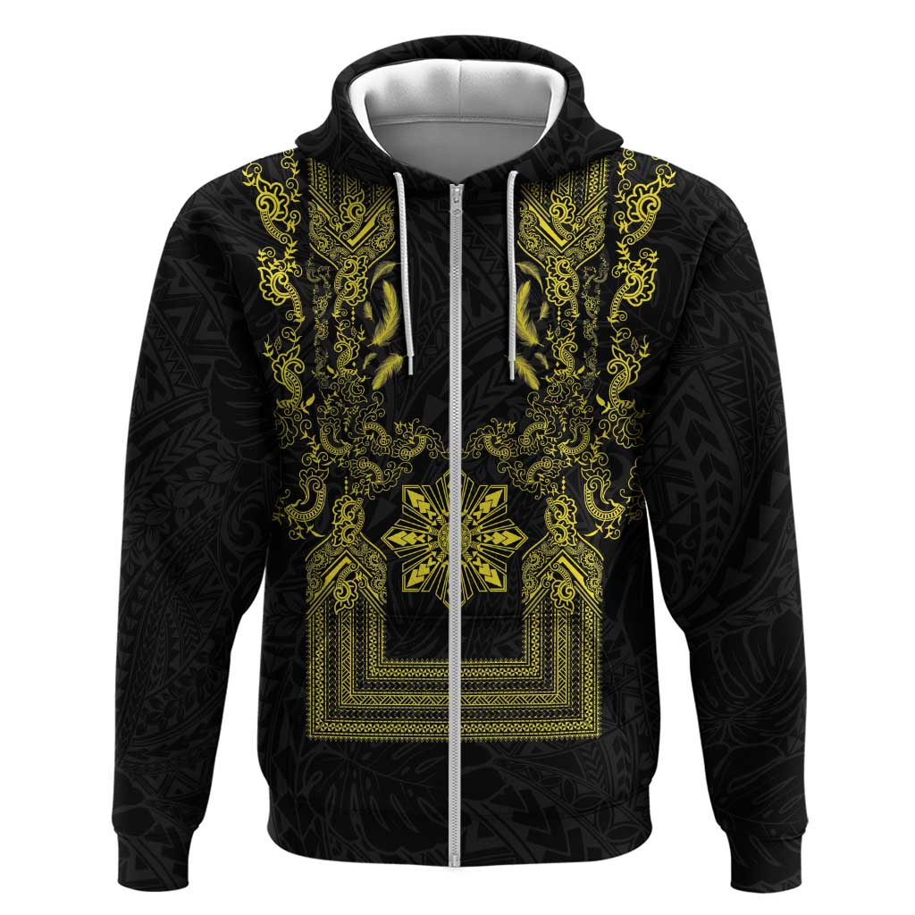 Philippines Barong Style Hoodie with Polynesian Art and Leaf Motif Black-Gold Color