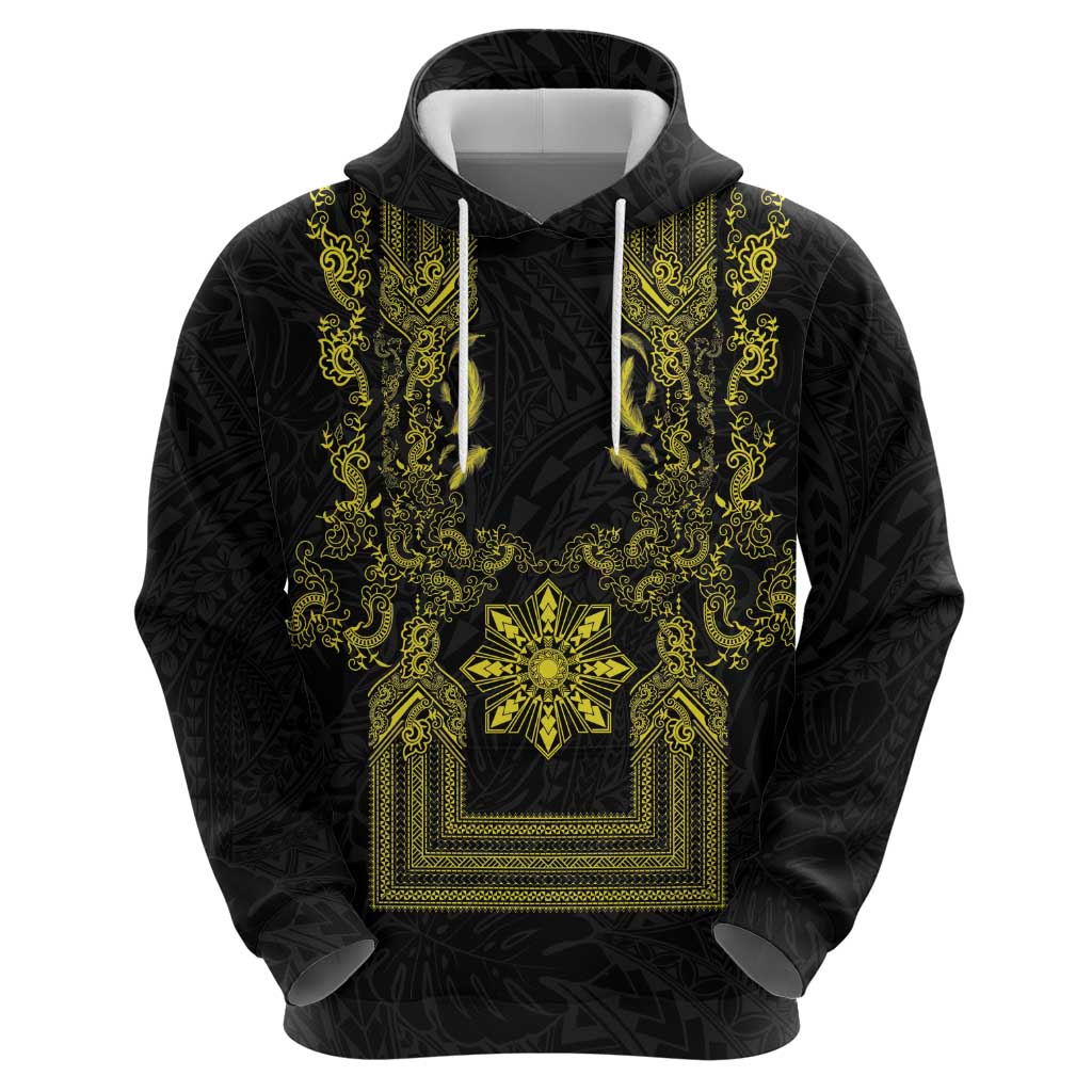 Philippines Barong Style Hoodie with Polynesian Art and Leaf Motif Black-Gold Color