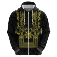 Philippines Barong Style Hoodie with Polynesian Art and Leaf Motif Black-Gold Color