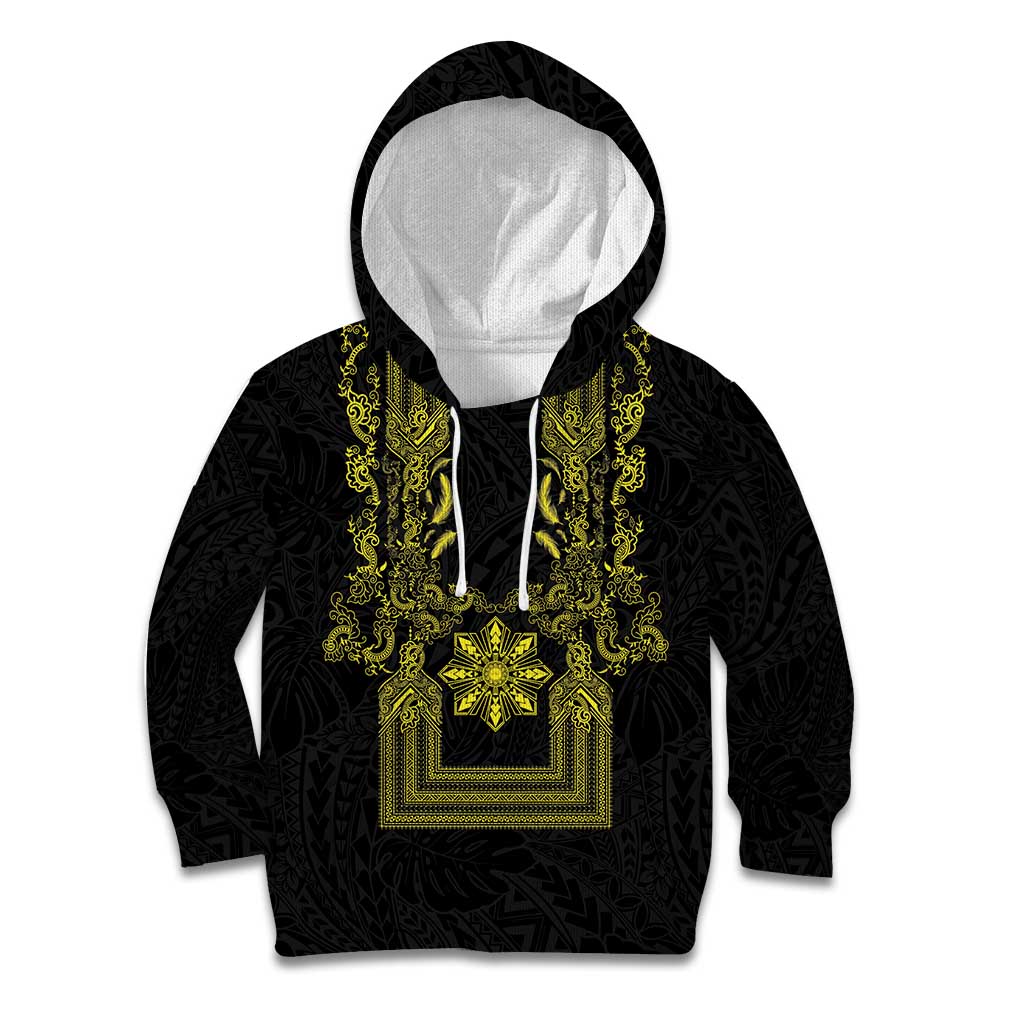 Philippines Barong Style Kid Hoodie with Polynesian Art and Leaf Motif Black-Gold Color