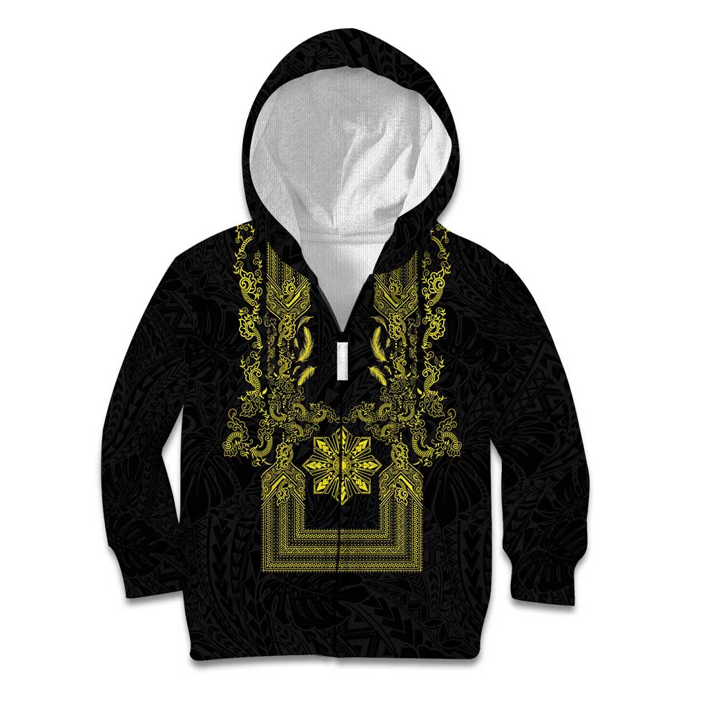 Philippines Barong Style Kid Hoodie with Polynesian Art and Leaf Motif Black-Gold Color