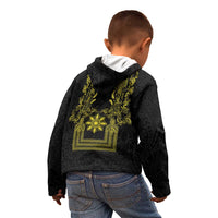 Philippines Barong Style Kid Hoodie with Polynesian Art and Leaf Motif Black-Gold Color