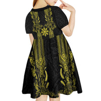 Philippines Barong Style Kid Short Sleeve Dress with Polynesian Art and Leaf Motif Black-Gold Color LT03 - Polynesian Pride