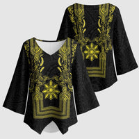 Philippines Barong Style Kimono Sleeve Blouse with Polynesian Art and Leaf Motif Black-Gold Color
