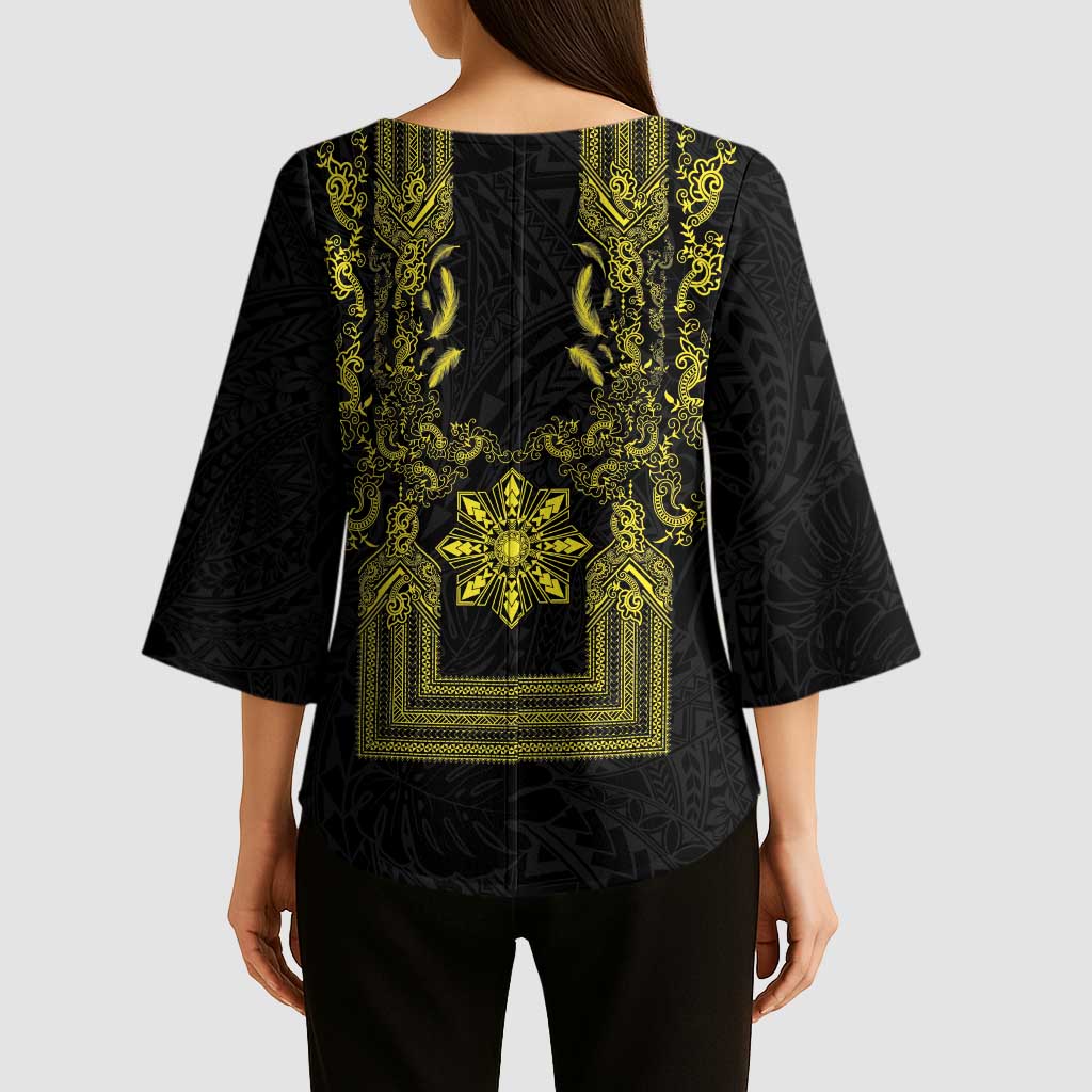 Philippines Barong Style Kimono Sleeve Blouse with Polynesian Art and Leaf Motif Black-Gold Color