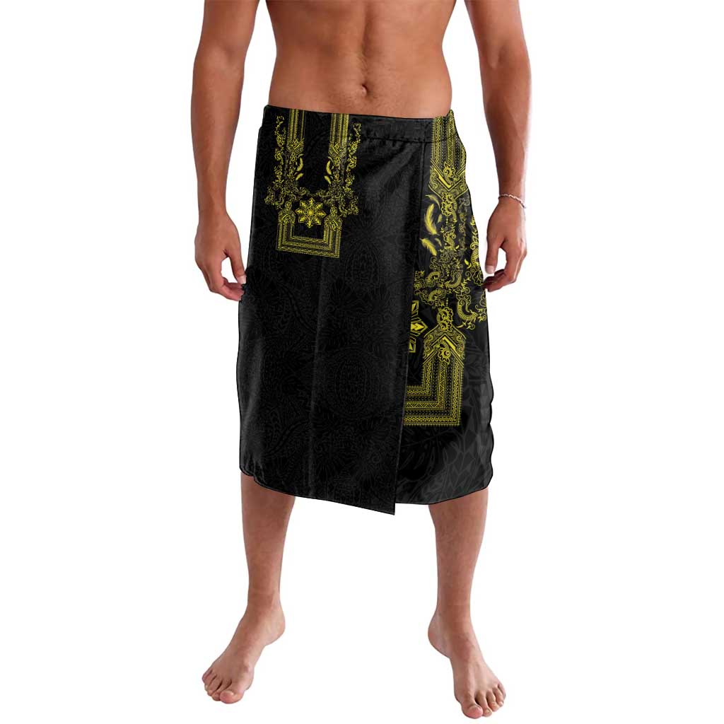 Philippines Barong Style Lavalava with Polynesian Art and Leaf Motif Black-Gold Color