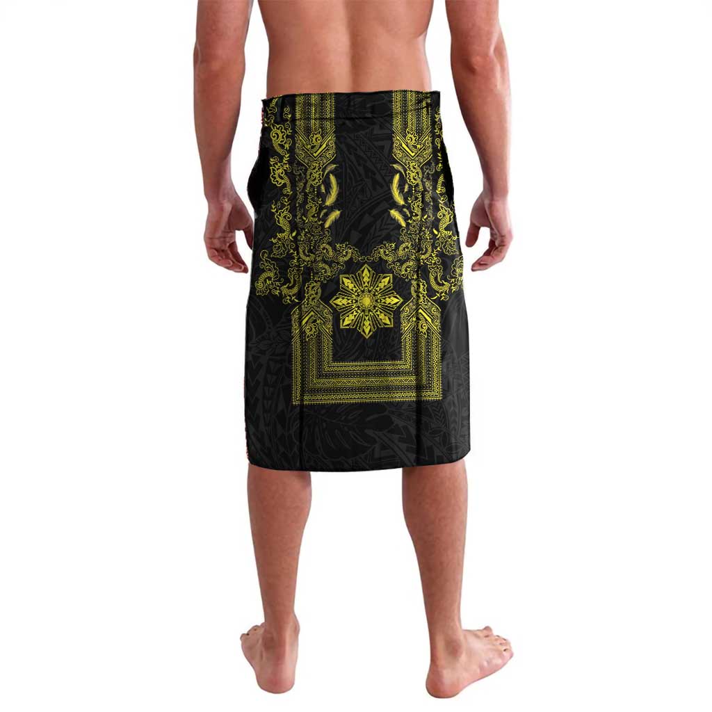 Philippines Barong Style Lavalava with Polynesian Art and Leaf Motif Black-Gold Color