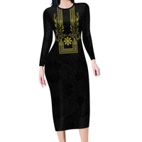 Philippines Barong Style Long Sleeve Bodycon Dress with Polynesian Art and Leaf Motif Black-Gold Color LT03 Long Dress Black - Polynesian Pride